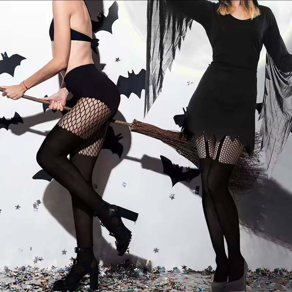 New Sexy Black Fishnets Sheer Striped Garter Goth Nylons pack of 3 - Picture 3 of 5